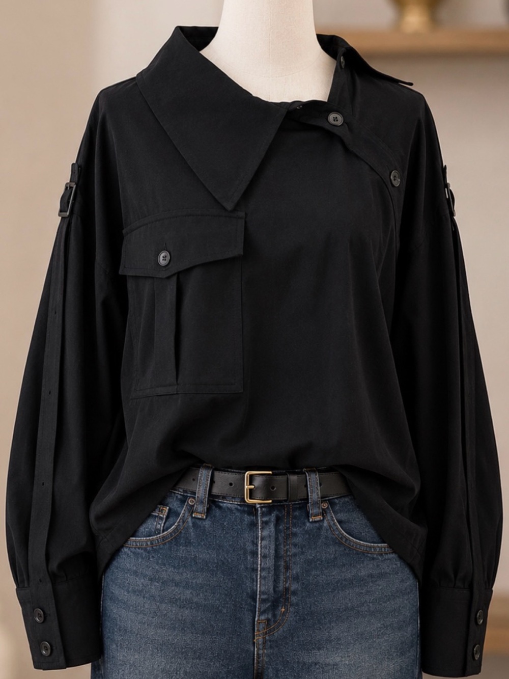 Mango Architectural Utility Chic Asymmetric Black Blouse NWT | Size M Relaxed